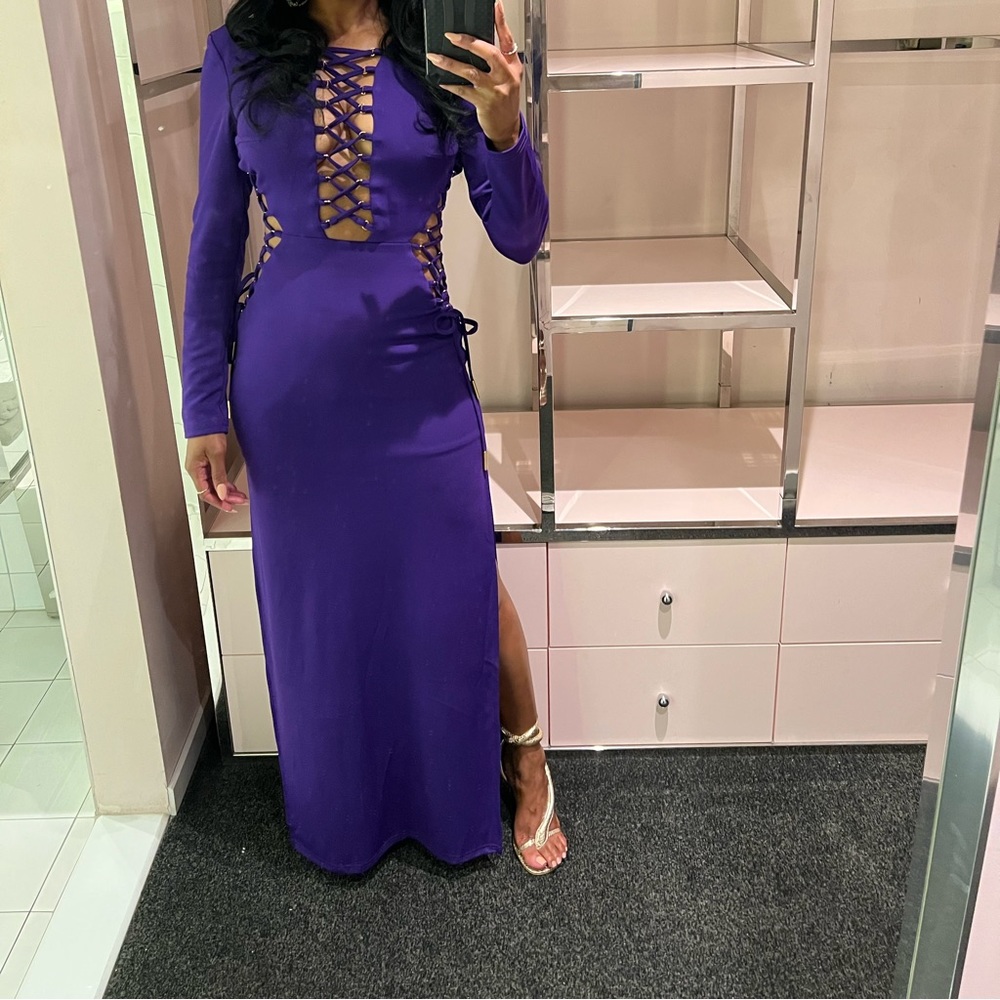 Purple L’atiste lace-up Double Split Dress w/Gold Hardware.